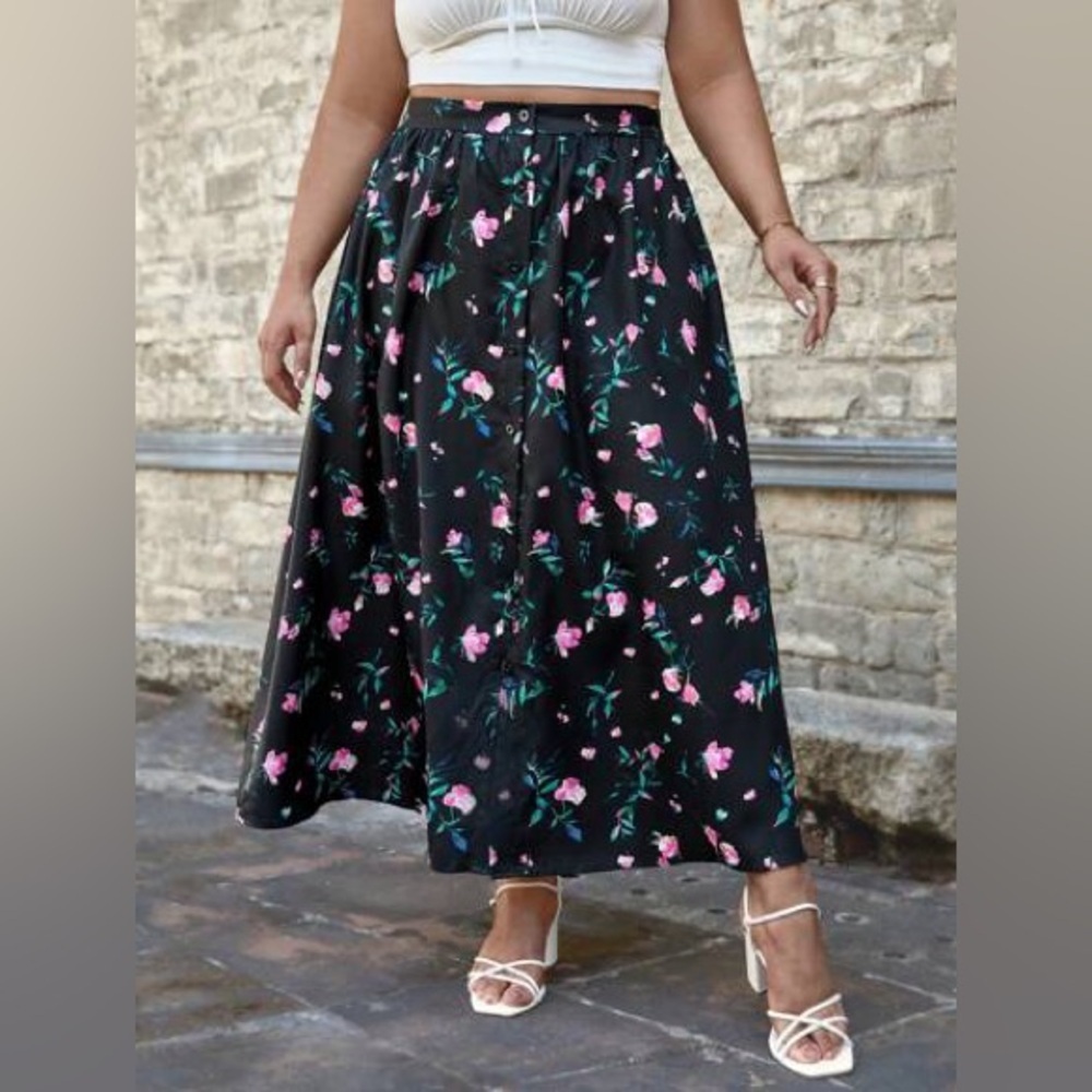 Vintage Shelly David Midi Skirt Floral Pockets Aline Black Purple Pink S